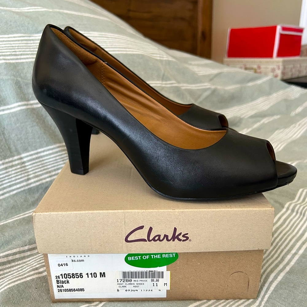 Clarks Black Leather Open-toe Pumps